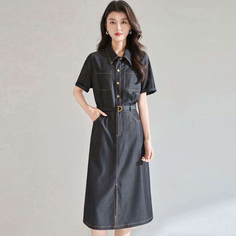 2026 Summer Simple Workwear Lapel Short-Sleeved Imitation Denim Shirt Dress with Waist-Cinching Straight Mid-Length Skirt 25763 2026 Summer Simple Workwear Lapel Short-Sleeved Imitation Denim Shirt Dress with Waist-Cinching Straight Mid-Length Skirt 25763
