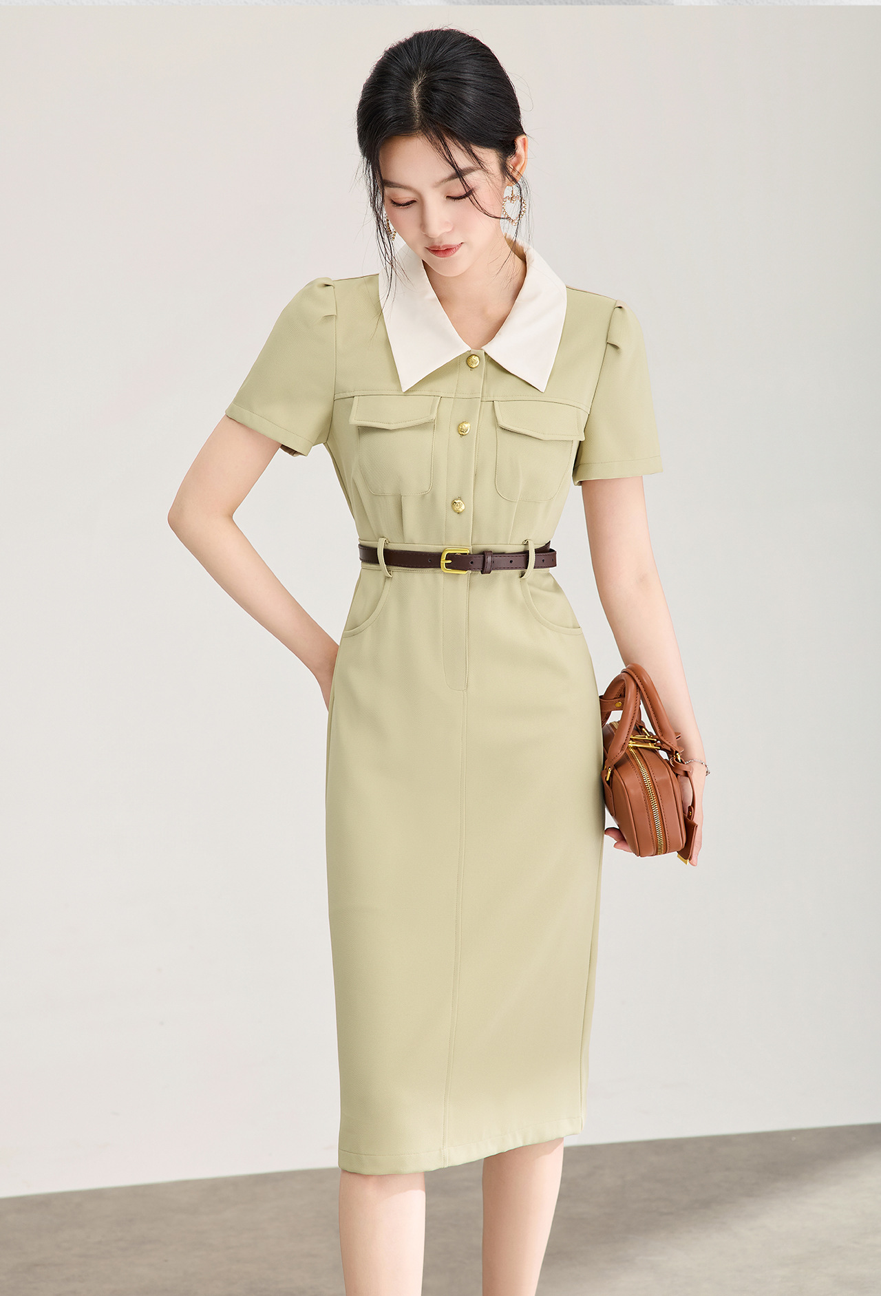 Đầm dài cổ sơ mi phong cách vintage nữ tay ngắn dáng suông — xanh lá cây chi tiết 2