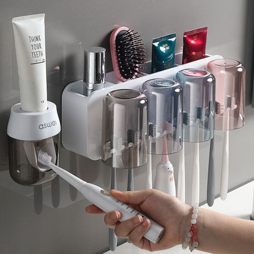 Bathroom toothbrush rack toothbrush storage rack punch-free wall-mounted toothbrush cup storage rack toothpaste squeezer toothbrush holder