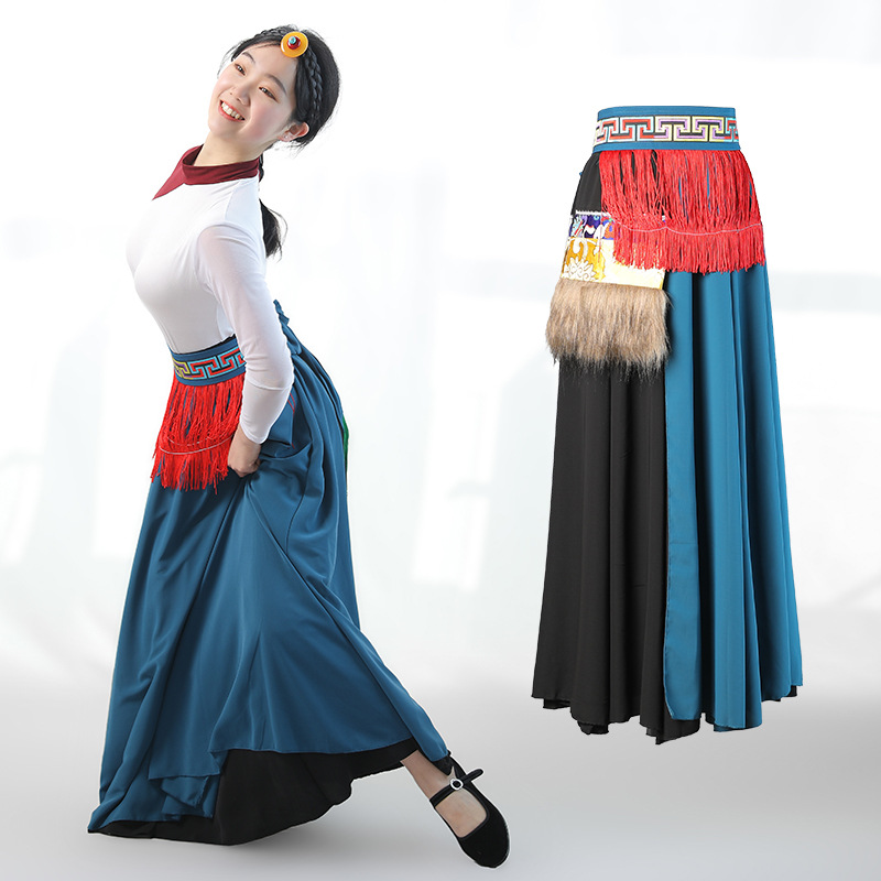 Ropa de danza Xizanga falda de media longitud práctica de las mujeres étnicas Xizangas Top Square danza práctica rendimiento ropa gran swing falda