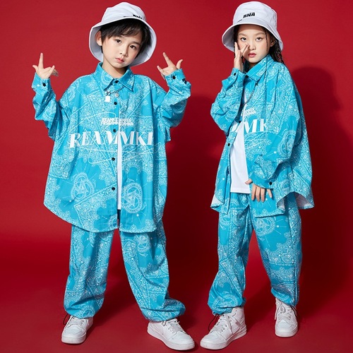 Boy girls jazz street Hip-hop dance costumes turquoise shirt and loose pants rapper gogo daners performance outfits model show party performance clothes