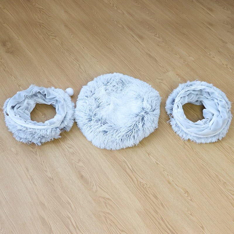 Amazon venta en caliente fábrica al por mayor peluche largo plegable donuts gato túnel mascota calentamiento al por mayor