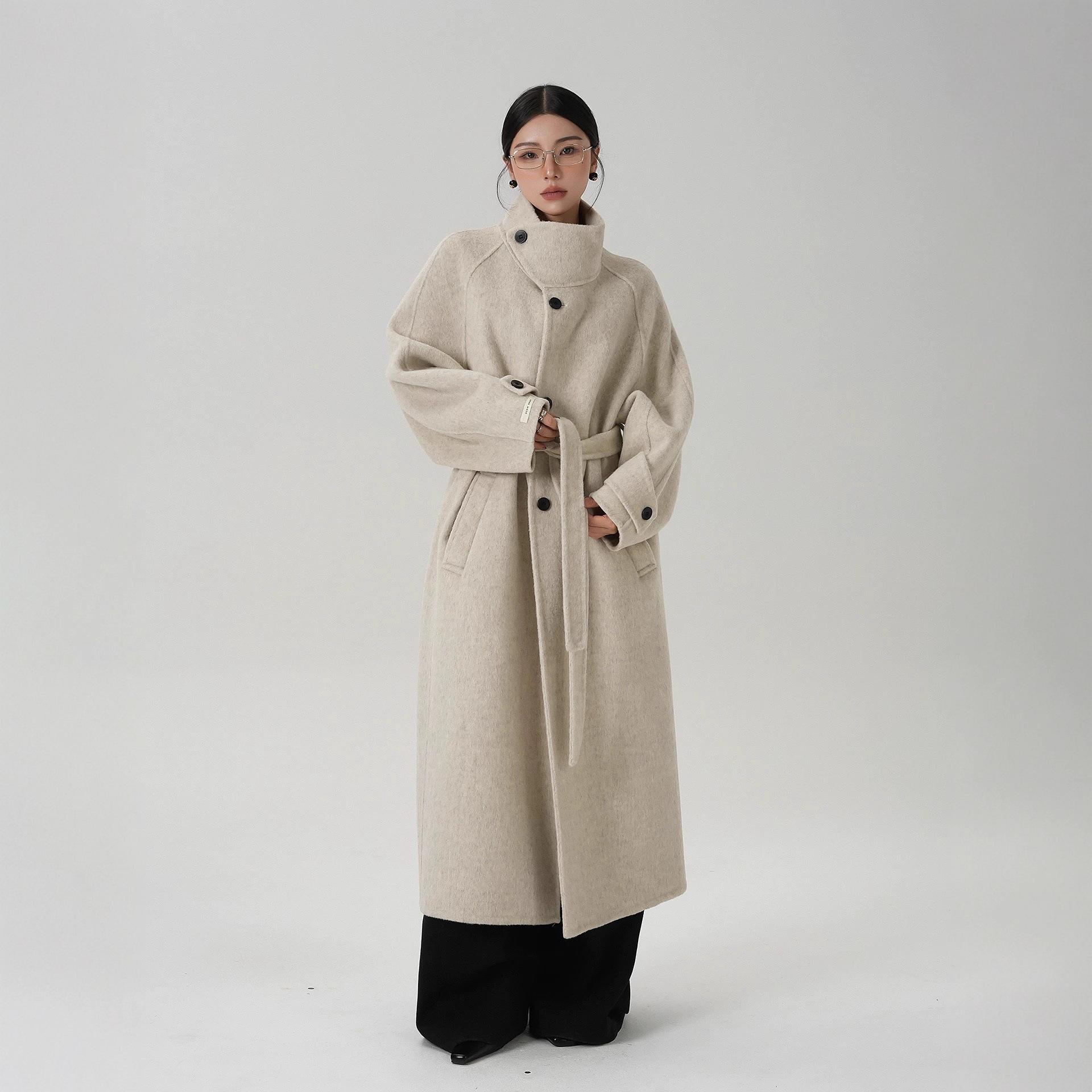 【桃枝栖雪】气质立领长款双面呢子羊毛大衣毛呢外套秋冬装新款女