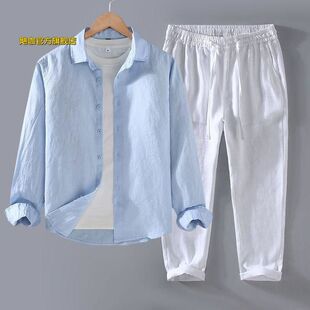 Autumn set, summer long-sleeve, shirt, fashionable trousers, loose fit, cotton and linen, men's style 3