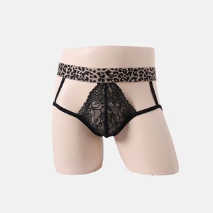 Leopard Print Men's Sexy Underwear Wholesale Temperament Splicing Lace Sexy Breathable Hollow Temptation See-Through Underwear Manufacturer