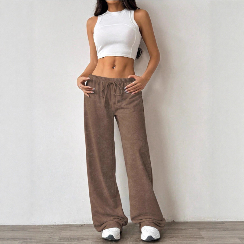 Cross-Border 2025 Women's Casual Pants Sports Wide-Leg Loose Solid Color Straight-Leg Jogger Pants Loose High Waist