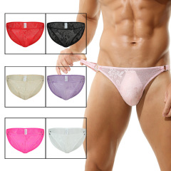 New style men's lace bikini sexy open crotch transparent jacquard fashion men's ring buckle triangle underwear wholesale 