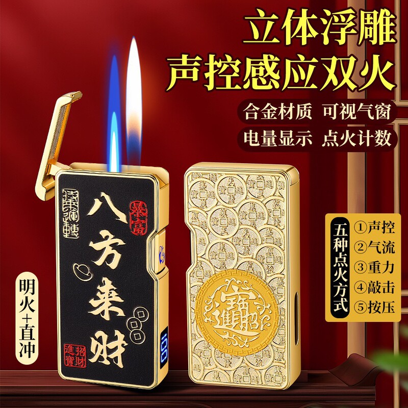 抖音货源wd907声控感应双火焰切换打火机明火焰+直冲蓝焰透明气窗|undefined