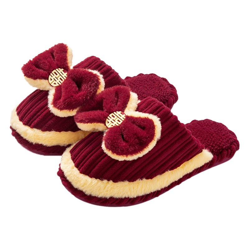 Зимние свадебные тапочки для пар, теплые праздничные красные пары, домашние Нескользящие Свадебные хлопковые тапочки с флисовой подкладкой