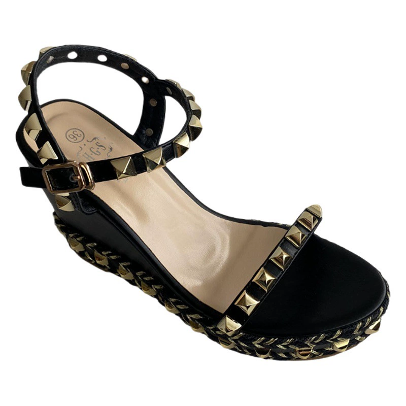 Весна и лето 2022, новые модные тканые одно слово с заклепками, модные универсальные босоножки на высоком каблуке на танкетке и толстой подошве для женщин