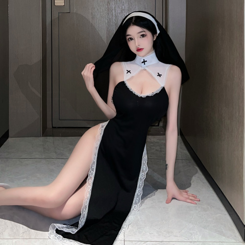 Sexy lingerie, sexy nun costume, role play, hollow uniform, temptation, passionate maid uniform, polyester, one size fits all