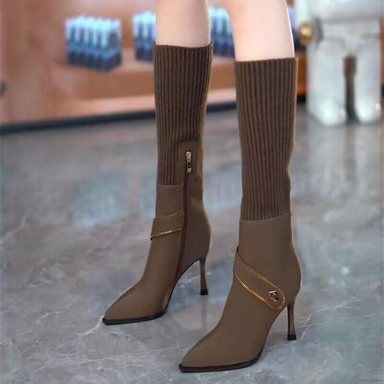 Trendy Two-Way Winter High Heel Boots 2025 Autumn Stretch Boots Sock Boots Pointed Toe Stretch Knit Long Boots