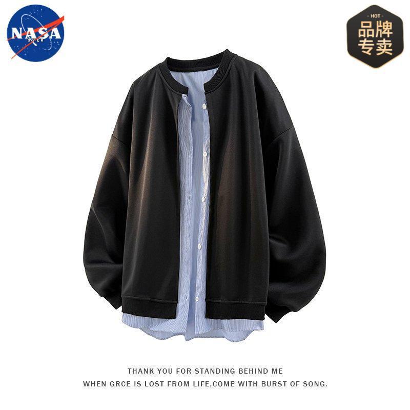 NASA品牌春秋季港风高级感假两件无帽长袖卫衣男士宽松休闲外套潮|undefined