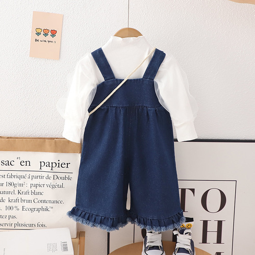 Sweet girls autumn half turtleneck mesh long-sleeved bottoming shirt tops children's clothing denim overalls with bag set