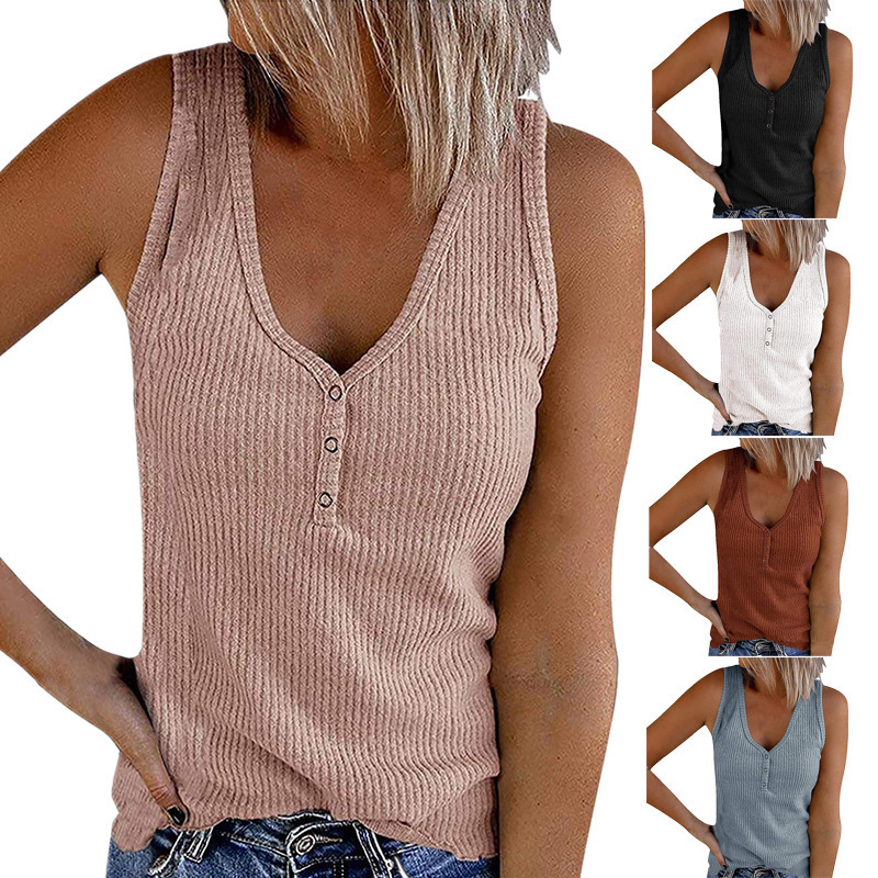 2023 Summer Temu New European and American Cross-Border Wish Women's Button Vest Pure Color V Neck Sleeveless T-Shirt Top 2023 Summer Temu New European and American Cross-Border Wish Women's Button Vest Pure Color V Neck Sleeveless T-Shirt Top