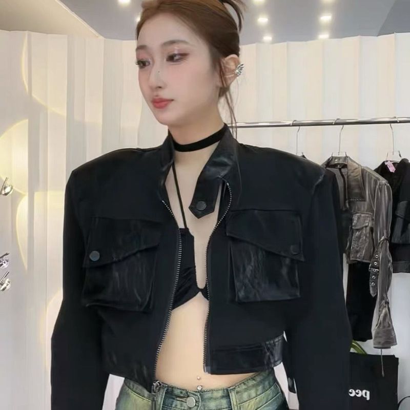 韩版美式复古高级感辣妹拼皮立领镂空露背修身显瘦夹克短外套女潮|undefined