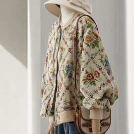 复古新品感油画提花棒球服上衣女秋冬别致夹克超好看立领外套新品