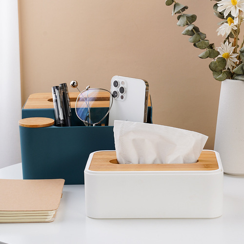 Multifunctional wooden desktop tissue box Home living room plastic remote control storage box Simple tissue box LOGO
