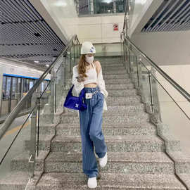 坚坑条肌理美式高街复古竖条纹直筒牛仔裤高腰编制设计感宽松显瘦