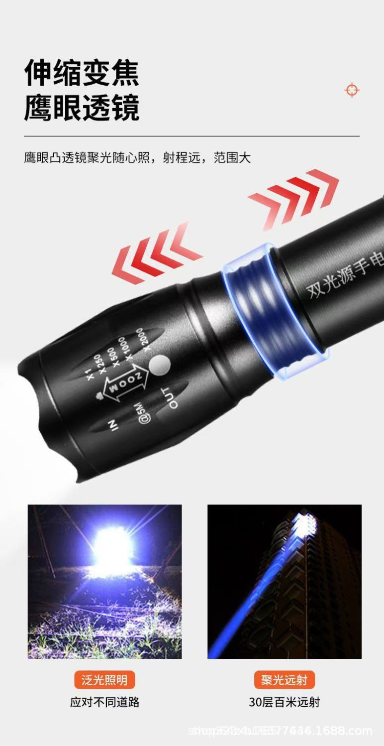 White, Blue, and Purple Three-Light Source Flashlight 395 Purple Light for Banknote Detection, Scorpion Catching, Jade Testing, Ultraviolet Curing, Blue Light for Night Fishing