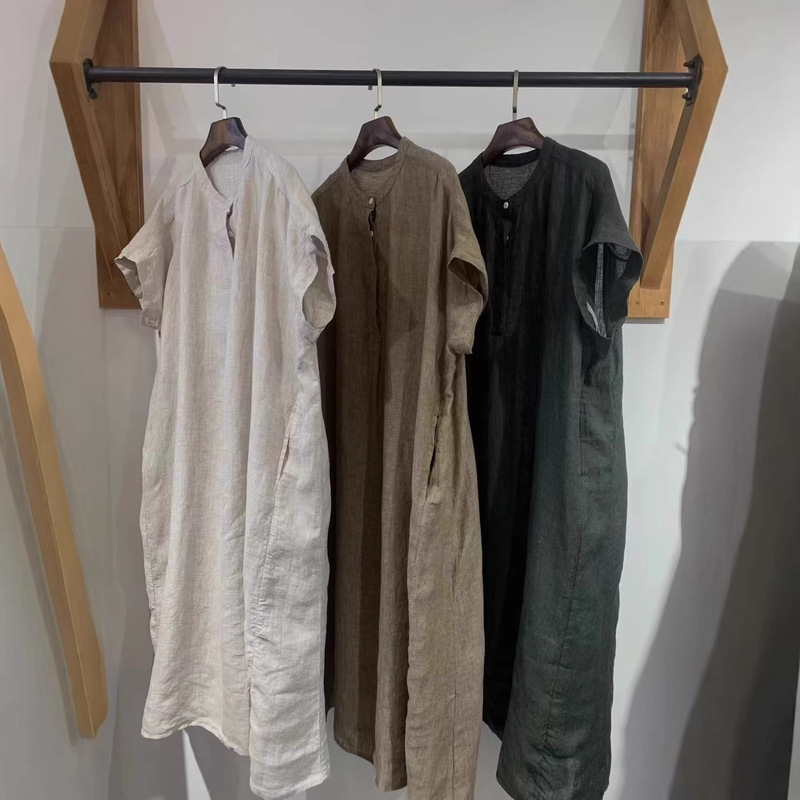 Vintage Artistic Linen Half-Button Dress Summer New Japanese Style Loose Fit Elegant Versatile Raglan Sleeve Mid-Length Dress