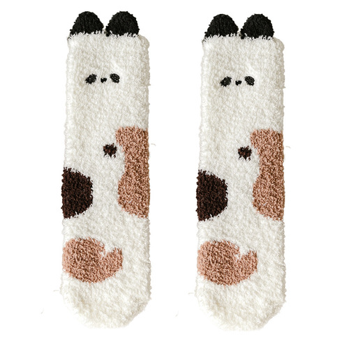 New autumn and winter cartoon panda coral velvet socks for women thickened warm half velvet towel floor home sleeping socks