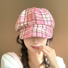 日系学院风简约粉色格子贝雷帽女夏时尚百搭显脸小八角帽报童帽子
