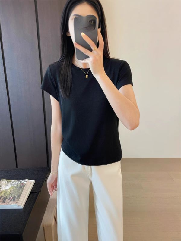 夏用の女性用テクスチャードショルダーソリッドカラーカジュアルラウンドネック半袖Tシャツ、ゆったり、多用途、スリム、通気性、薄い半袖|undefined