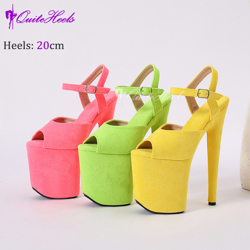 Giày sandal cao gót nữ hở mũi siêu cao 20 cm phong cách Âu Mỹ chất liệu nhung đế chống nước — Màu cam huỳnh quang F.Orange, Màu xanh dương Royal Blue, Màu tím tím tím, Bầu trời xanh