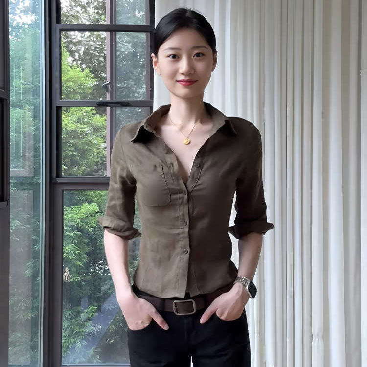 American-Style Casual Lapel Collar Regular Shoulder Three-Quarter Sleeve Linen Shirt for Women, Early Spring New Slim-Fit Waist-Cinching Short Versatile Top American-Style Casual Lapel Collar Regular Shoulder Three-Quarter Sleeve Linen Shirt for Women, Early Spring New Slim-Fit Waist-Cinching Short Versatile Top