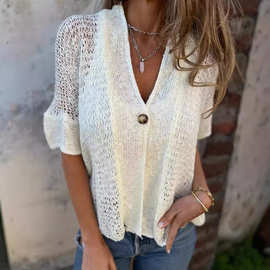 2026外贸独立站新款欧美女装春秋女式一粒扣中袖镂空针织开衫上衣