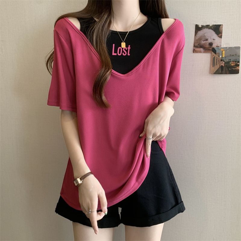 Tallas grandes para mujer que cubre el vientre impreso hombro manga corta camiseta hueca hermana gorda de las mujeres que adelgaza suelta falso top de dos piezas image 4