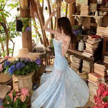 春日芭蕾度假风超仙蕾丝拼接吊带裙网纱晕染花卉鱼尾裙子绝美欲