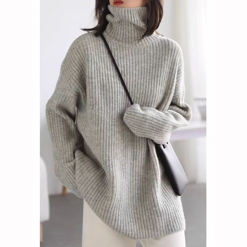 2024 Winter Mid-length 100 Pure Wool Women's Loose Lazy Style High Neck Thickened Base Sweater to Cover Bottom