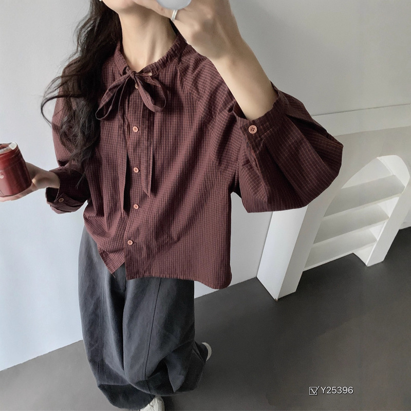 2025早秋新款韩版宽松显瘦百搭系带格子长袖衬衫女休闲上衣外套|undefined