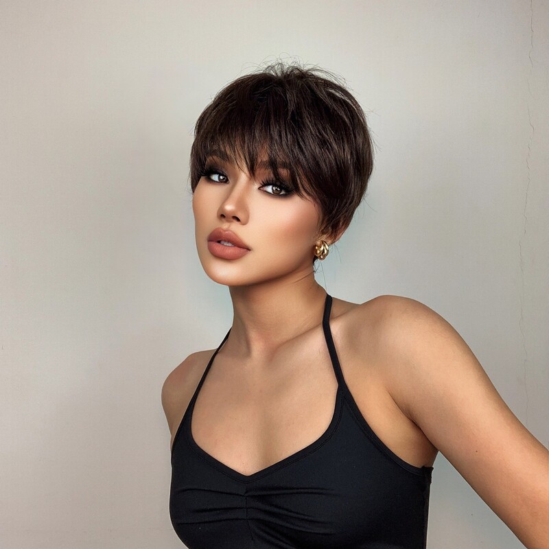 Wig Women's short straight hair European and American style black brown short hair set with bangs wigs for daily use