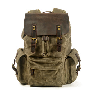 New Men's Backpack Canvas Casual Backpack Trendy Computer Bag Oil Wax Canvas with Leather Bag Trendy Street Style