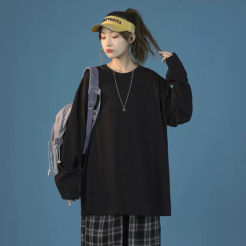 200G精梳纯棉宽松长袖T恤流行女纯色圆领情侣打底文化衫厂家代发