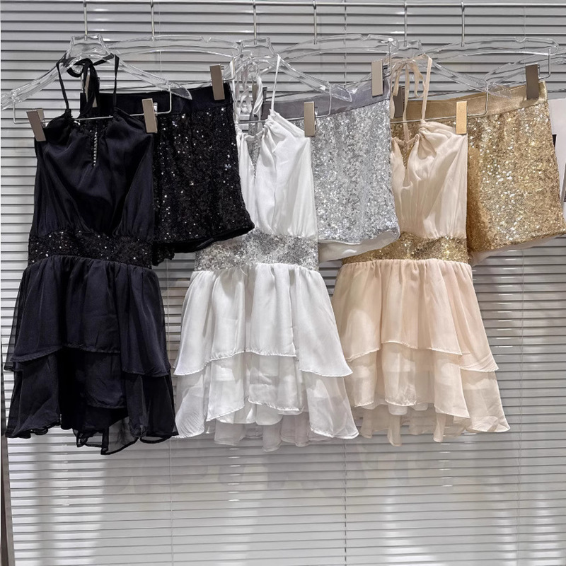2026 New Summer Style Elegant Lace-Up Chiffon Halter Neck Tank Dress + Sequined Shorts Set 2026 New Summer Style Elegant Lace-Up Chiffon Halter Neck Tank Dress + Sequined Shorts Set
