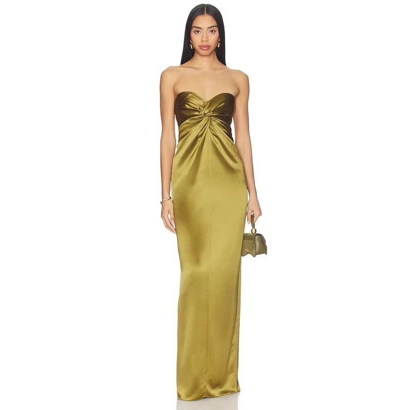 Sexy and Elegant Women's Strapless Tube Top Knitted Satin Long Gown Dress, Featuring Twist Details and