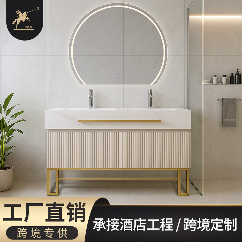 2025 New Japanese-Style Bathroom Cabinet Set with Double Basins, Rock Slab Washbasin, Hotel-Style Stainless Steel Custom-Made for Cross-Border Export