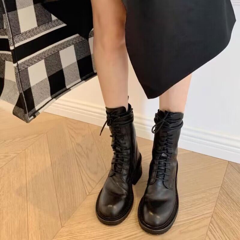 ann机车马丁靴女2025年春秋新款英伦风学生百搭中筒靴粗跟单靴子|undefined