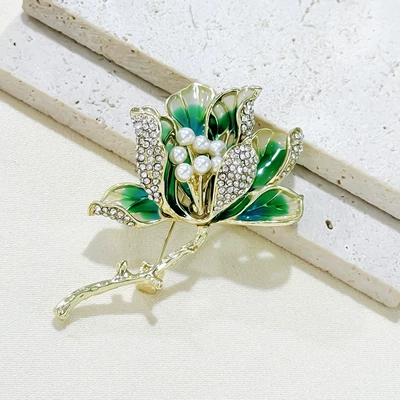 Enamel Begonia Flower Brooch Yaxa sancaqları - green-begonia-forest-wave
