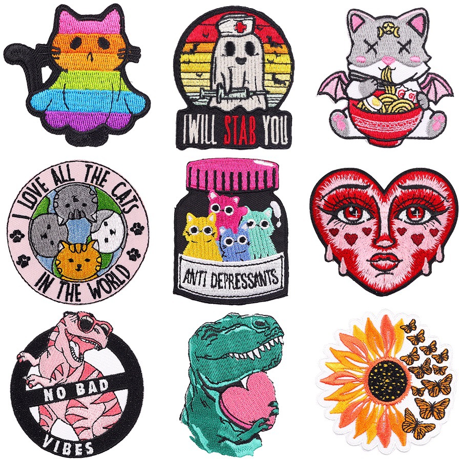 7g Weight Clothing Sticker Patches Classification 1 Piece Quantity Embroidery thread Material Dinosaur, Cat Pattern Cute, Punk Style 1 Piece Cute Punk Dinosaur Cat Embroidery Thread Clothing Sticker Patches 无