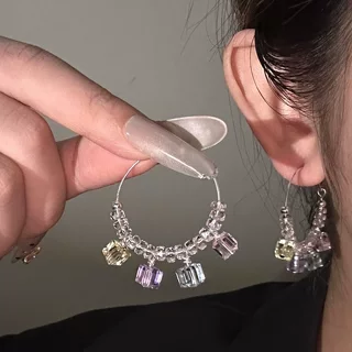 韩版玻璃串珠方形吊坠耳环轻奢高级感气质简约耳圈复古精致耳饰女