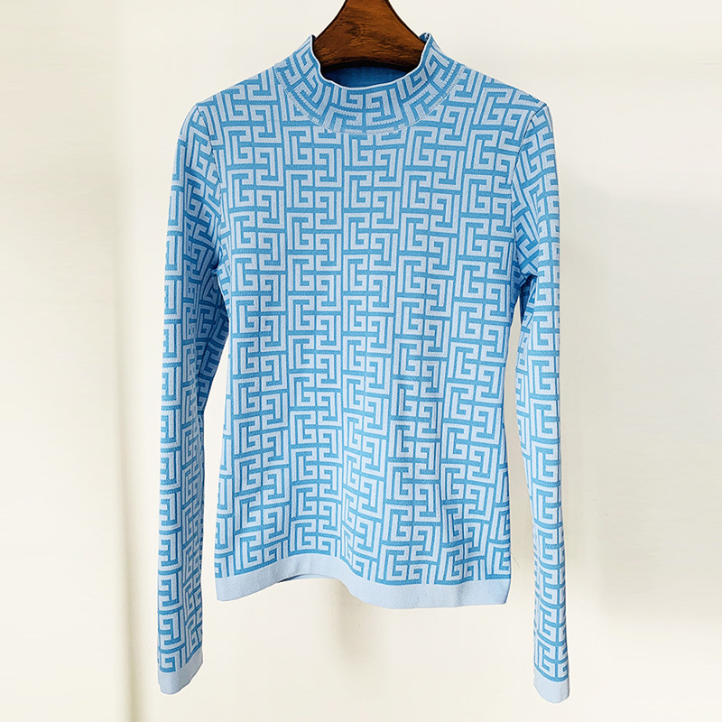 in stock 2024 European and American fashion new maze figure jacquard knitted semi-high collar pullover sweater sweater
