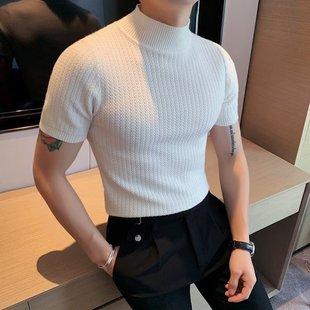 Spring and Summer Men's Slim Half Turtleneck Casual Fashion Handsome T-Shirt Mid-Collar Short-Sleeved Knitted Sweater Bottoming Shirt
