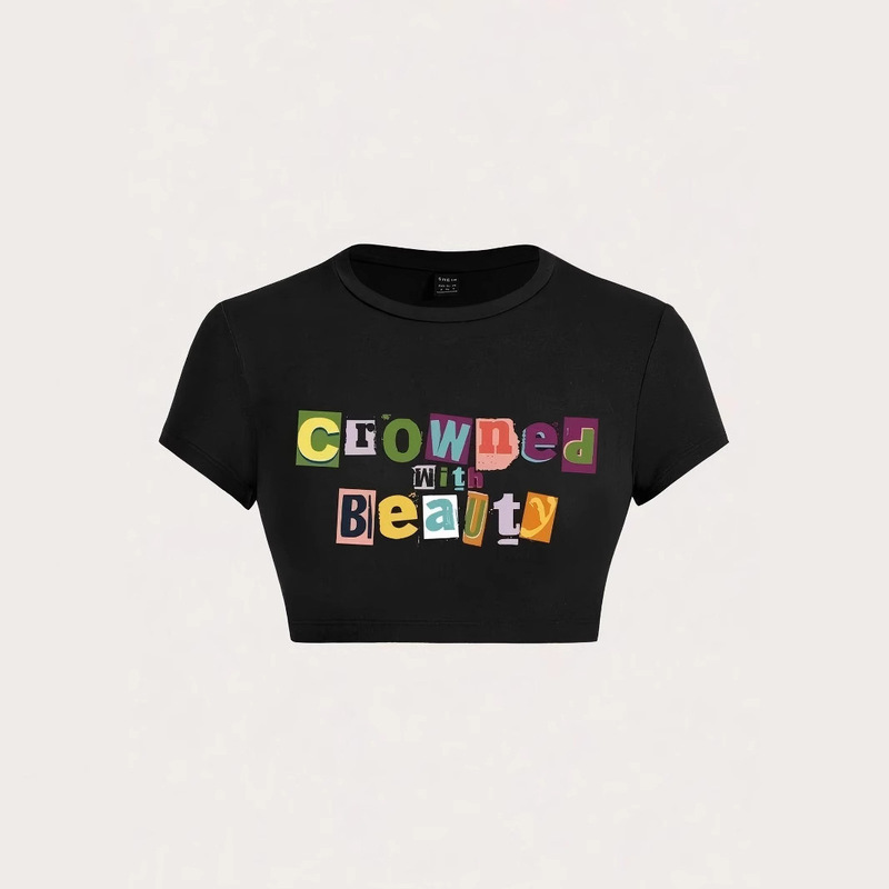 2025 Qiduo Summer Hot Sale Cross-Border European and American Fashion Colorful Collage Letter Print Slim Cropped Crop Top Wholesale 2025 Qiduo Summer Hot Sale Cross-Border European and American Fashion Colorful Collage Letter Print Slim Cropped Crop Top Wholesale