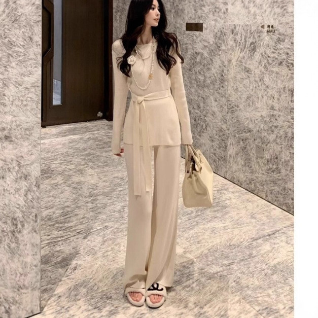 白色仿羊毛针织衫直筒裤两件时尚套装女修身气质新款名媛风气质女|undefined