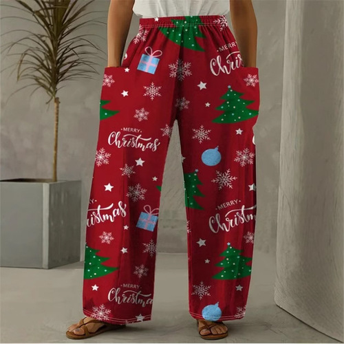 European, American and Korean women's pants, double pockets, loose color creative design, Christmas wear, 3D digital print